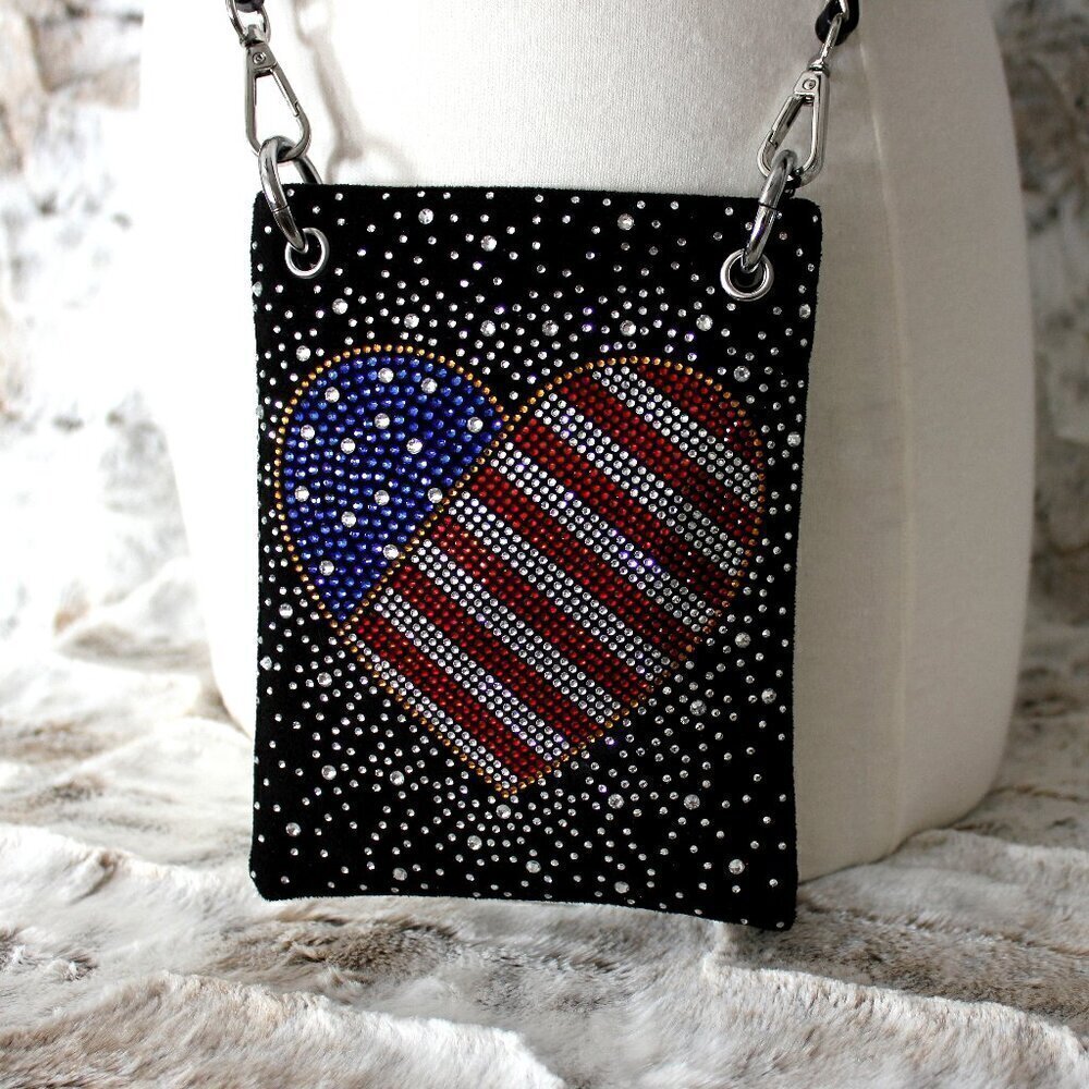 Patriotic Red White Blue Rhinestone Bling Black Hobo Crossbody Mini Phone Bag - Picture 13 of 14